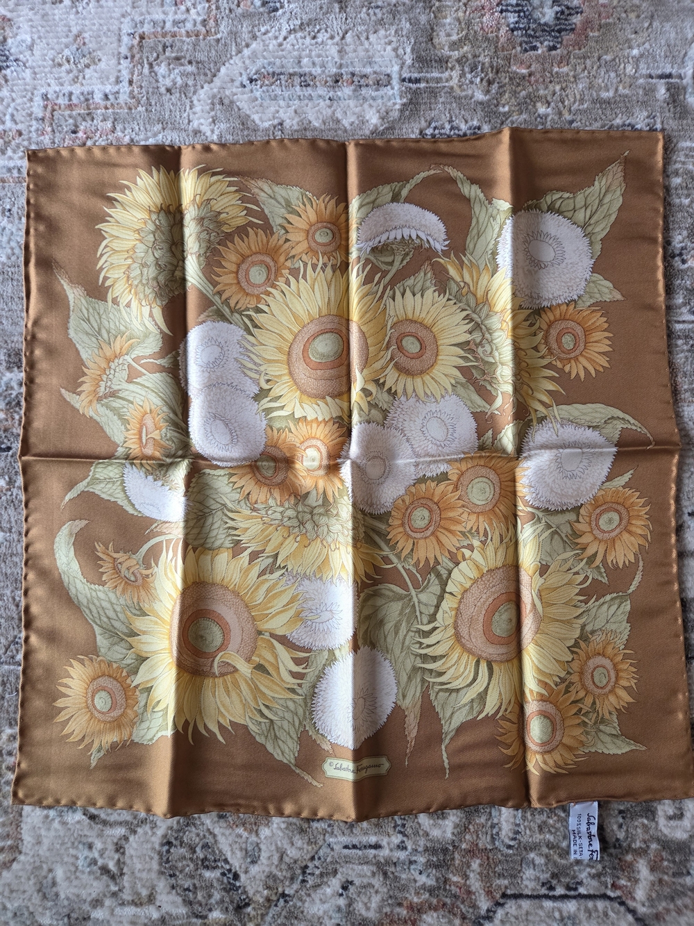 Salvatore Ferragamo Sunflower Silk Scarf in Golden Brown and Yellow